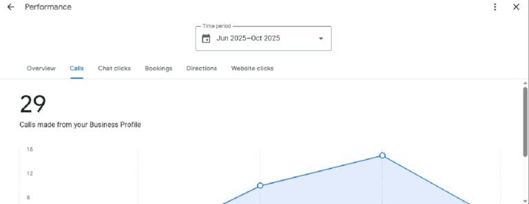 Anonymised Google Business Profile snapshot: 29 calls from the profile, Jun–Oct 2025