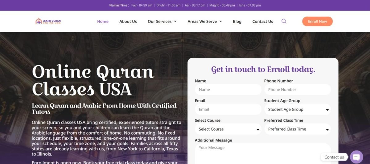Homepage of the Learn Quran Online USA website, designed by Mohib Ullah