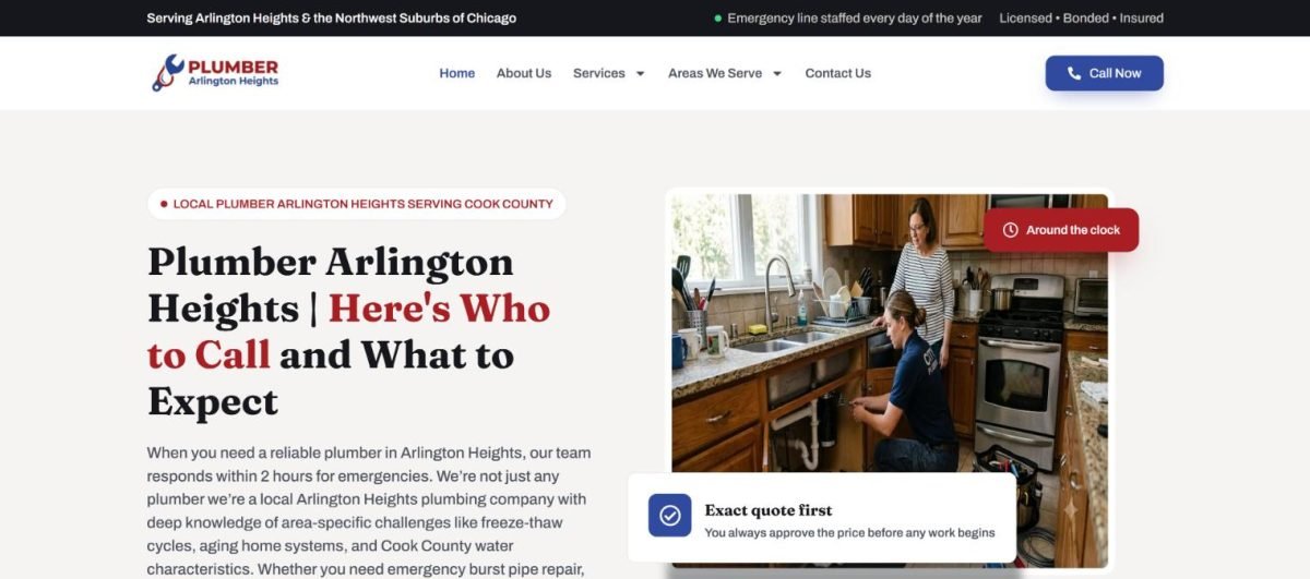 Homepage of the Plumber Arlington Heights website, designed by Mohib Ullah