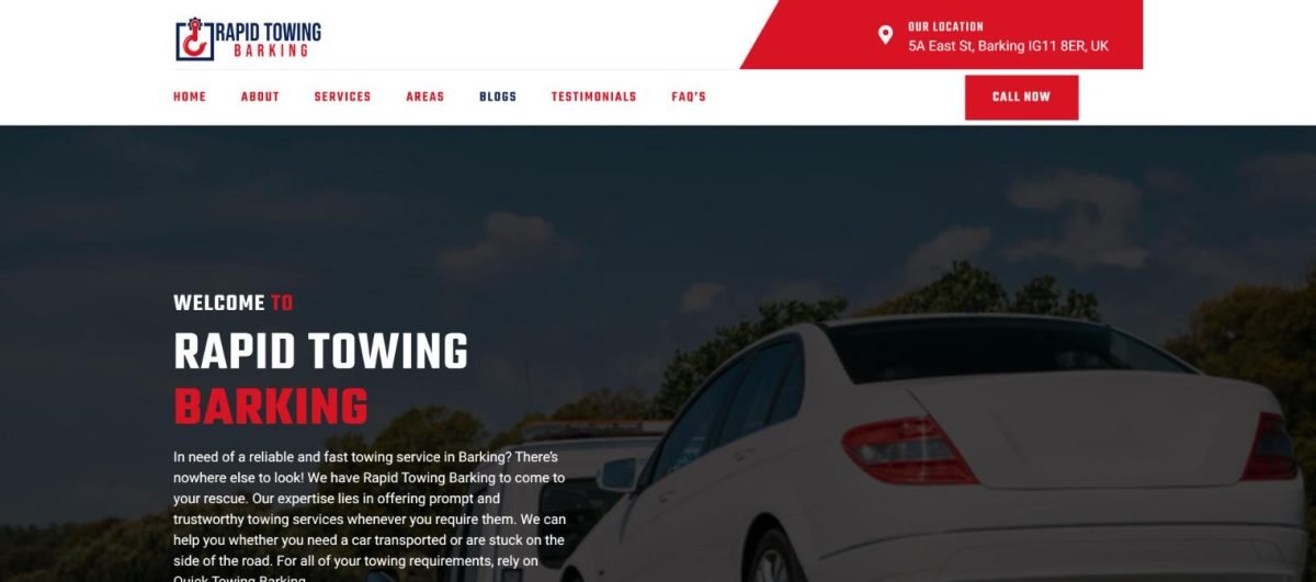 Rapid Towing Barking landing page, designed by Mohib Ullah