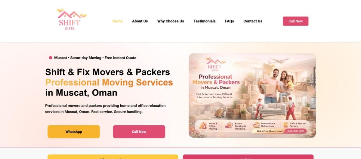 Shift & Fix Movers & Packers landing page, designed by Mohib Ullah