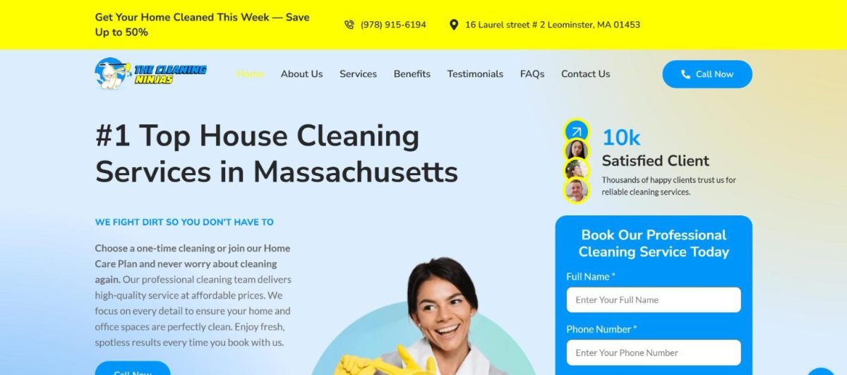 The Cleaning Ninjas residential cleaning landing page, designed by Mohib Ullah